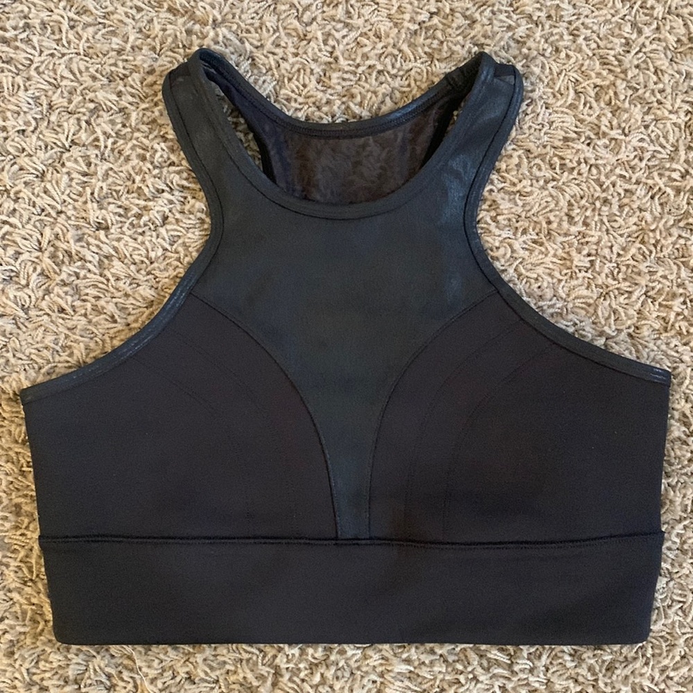 Puma high neck sports bra with faux leather detail